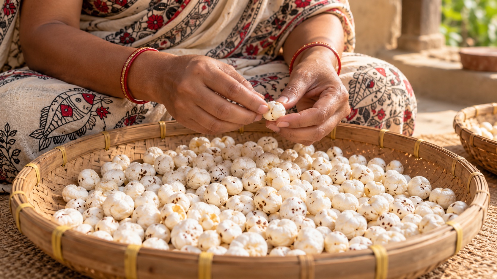 Hands gently sorting makhana over a woven bamboo tray