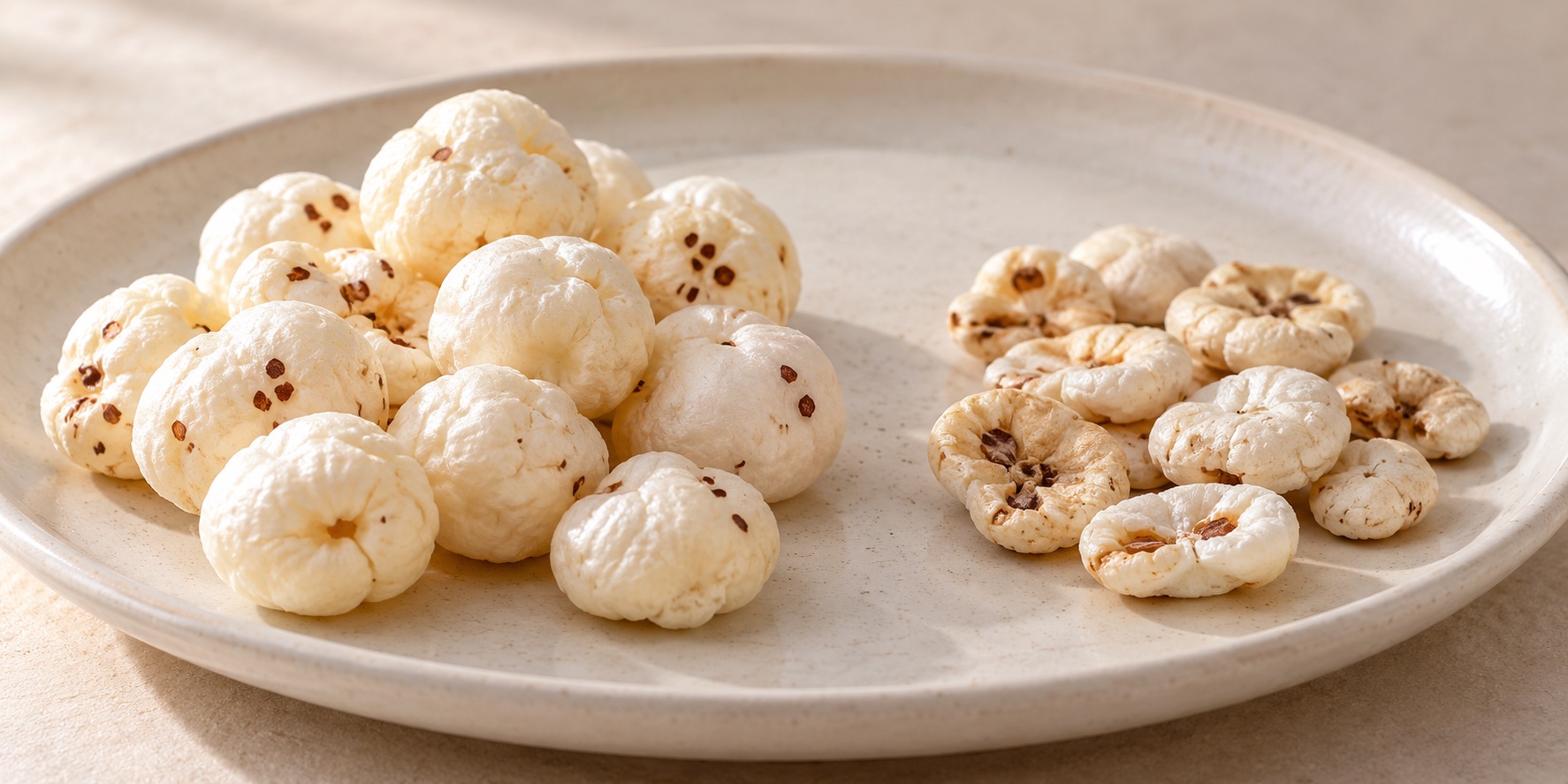 A side-by-side comparison of fluffy popped and flat under-popped makhana