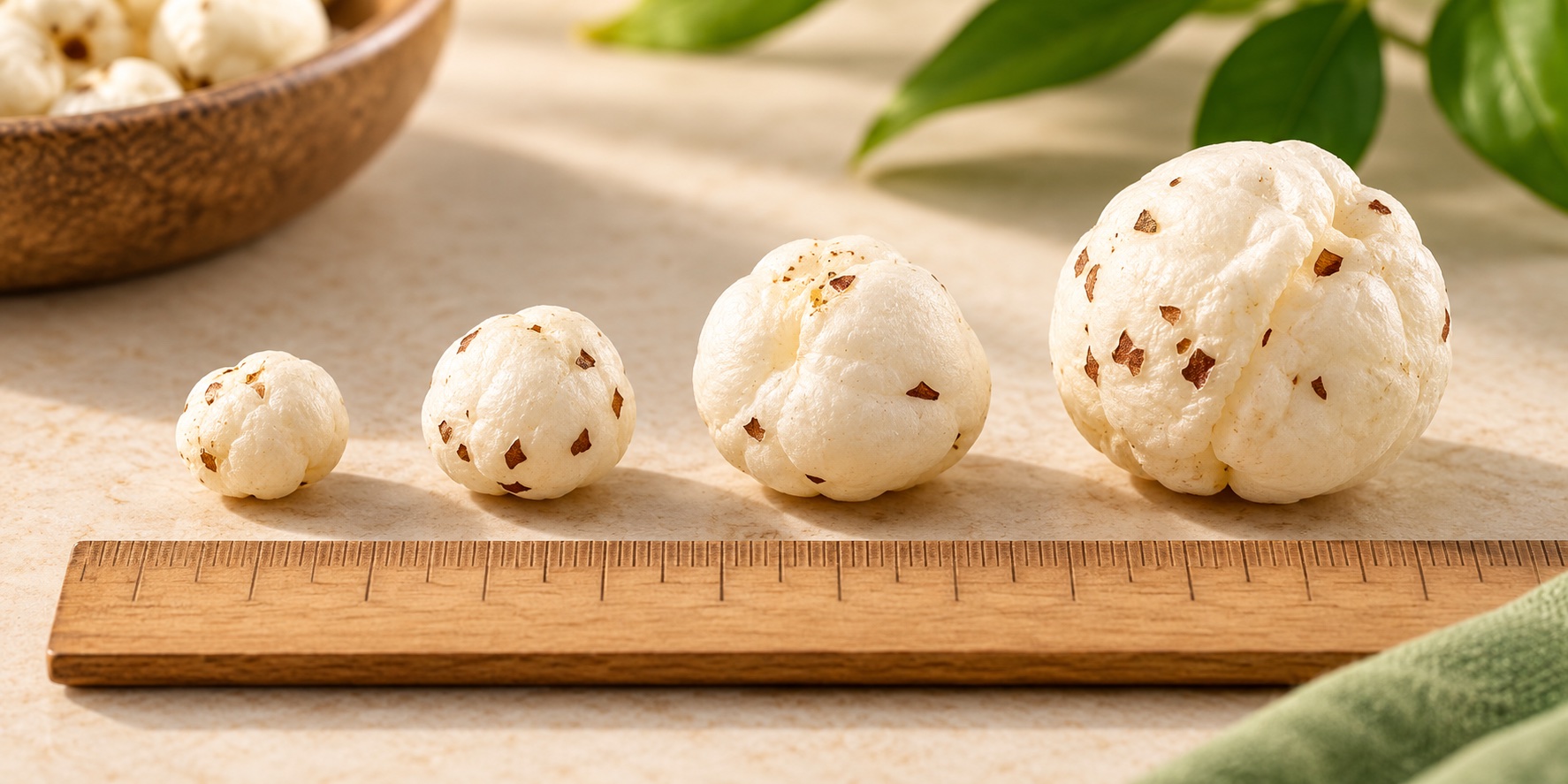 Makhana kernels arranged from small to large beside a ruler