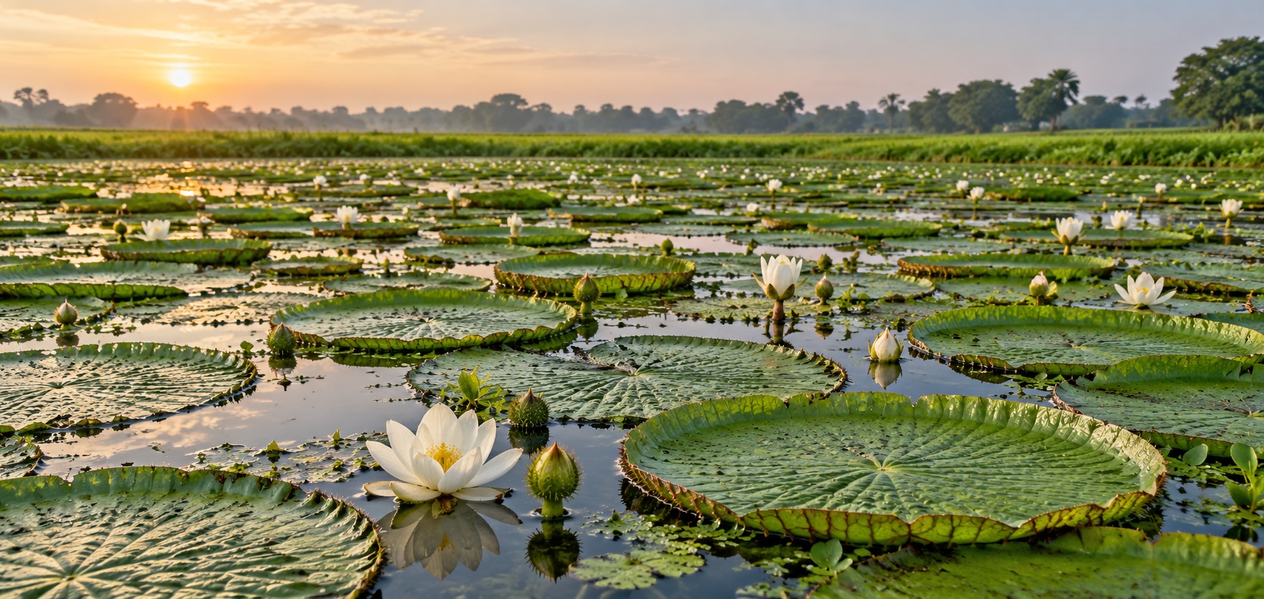 Makhana leaves and flowers growing across a calm pond