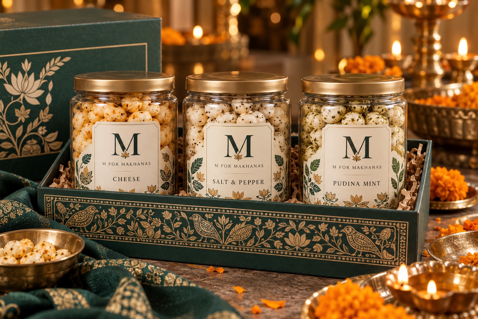 Three M for Makhanas festive jars in cheese, salt and pepper, and pudina mint
