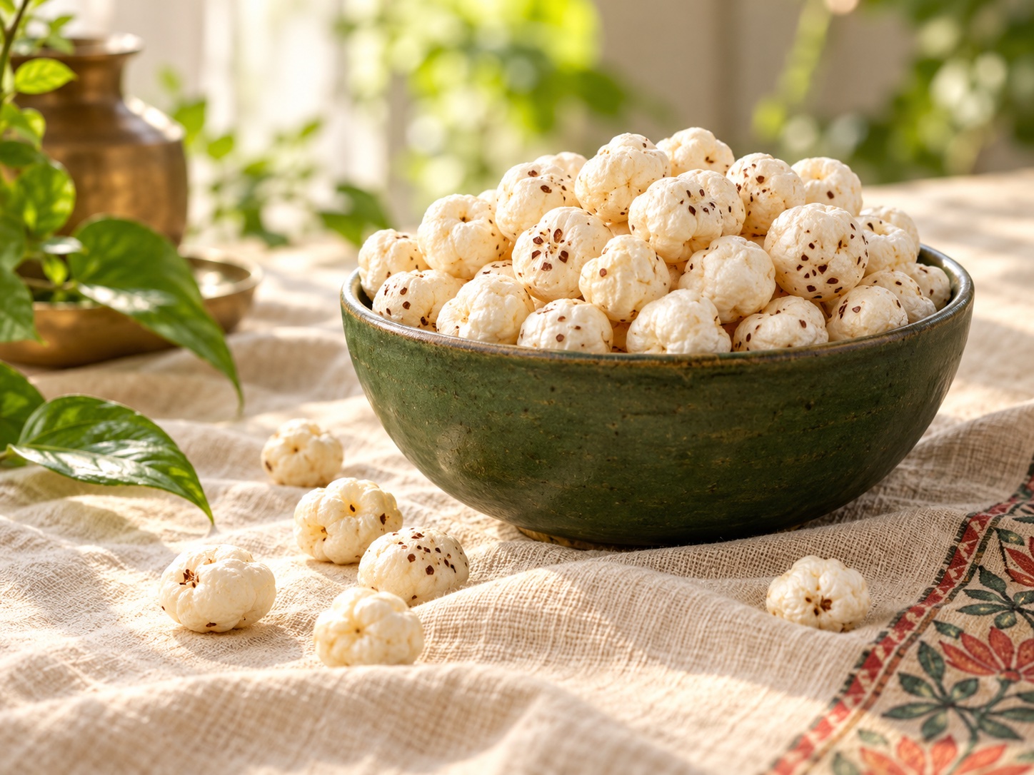 A full bowl of crisp makhana on a linen cloth