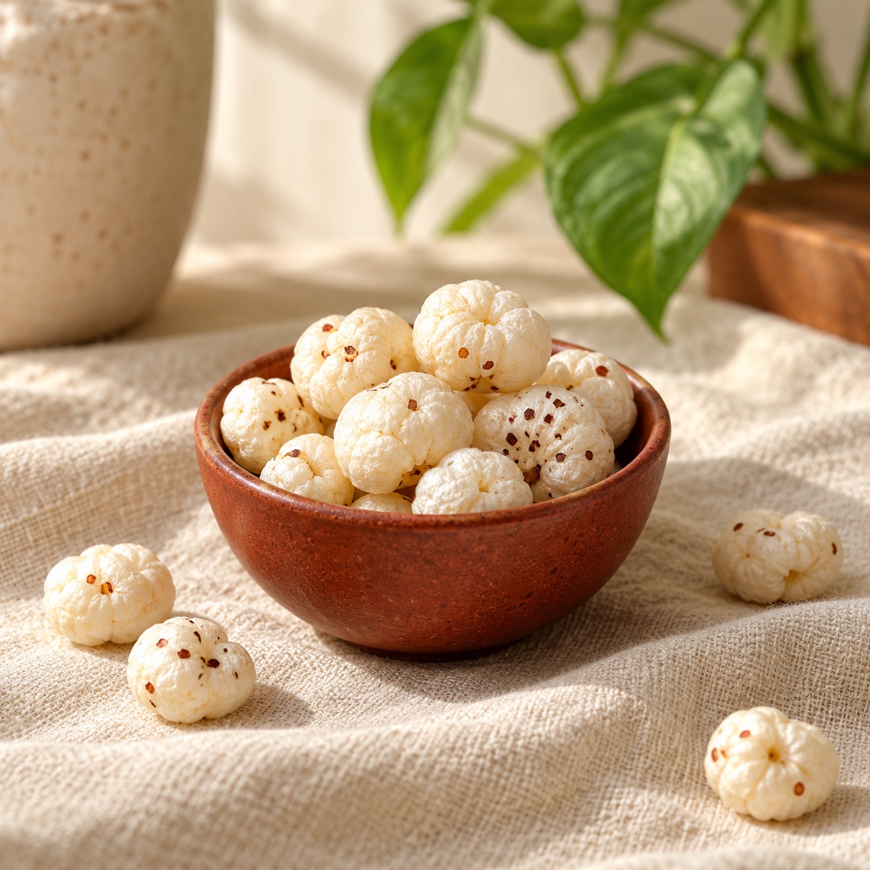 A small terracotta bowl with a modest serving of plain makhana