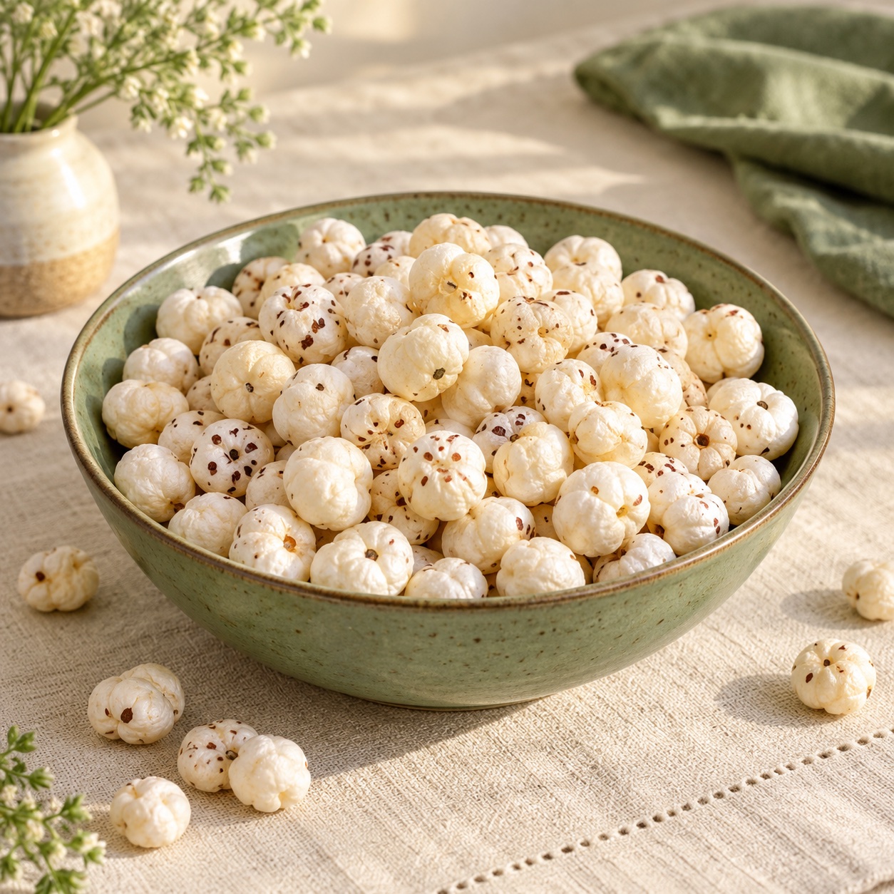 A sage-green bowl filled with a shareable serving of plain makhana