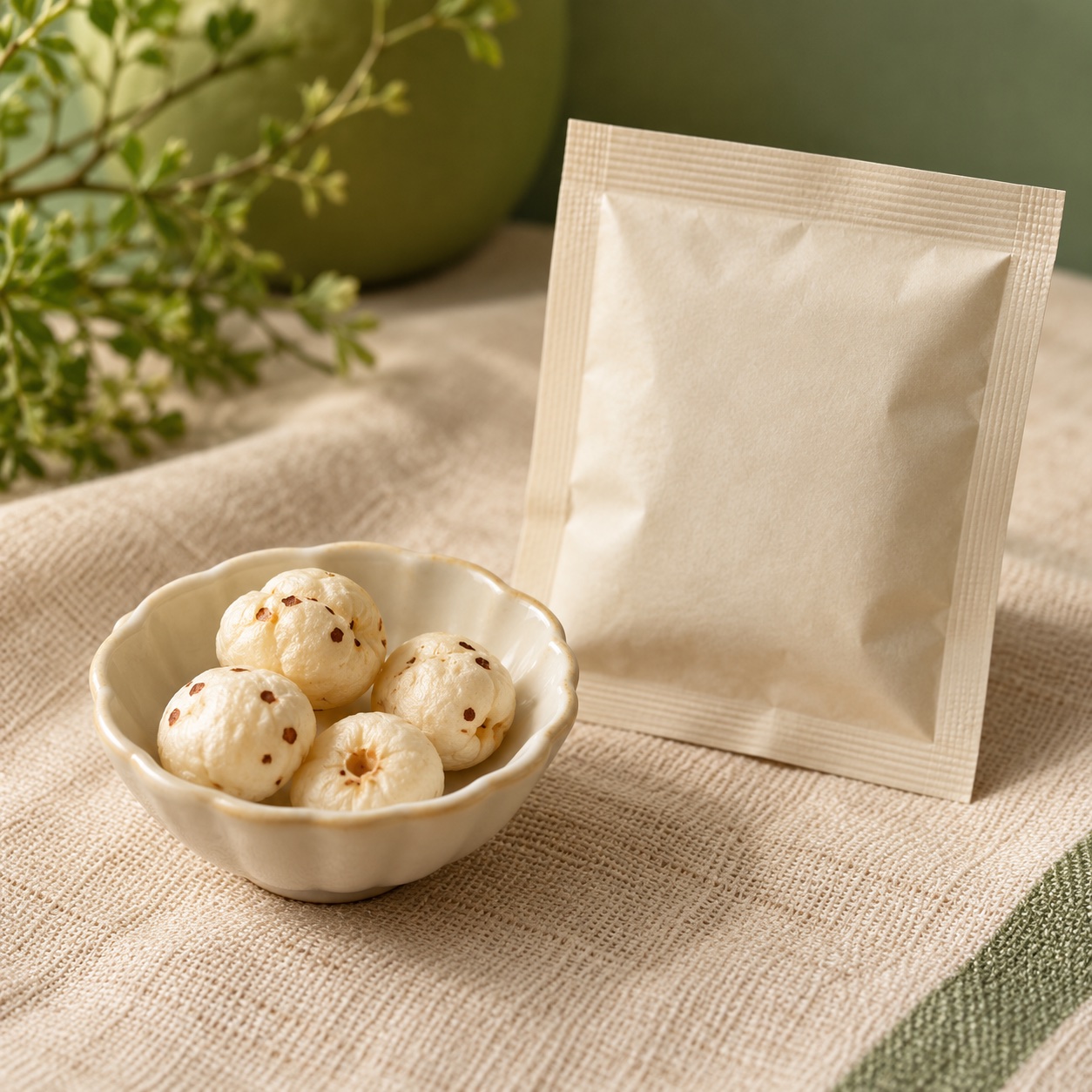 A tiny ivory bowl with a few sample makhana and a sample sachet
